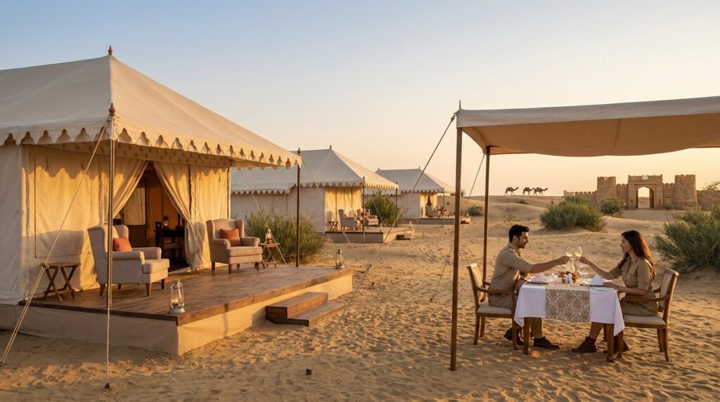 Luxury glamping tents in Rajasthan wilderness with royal furniture