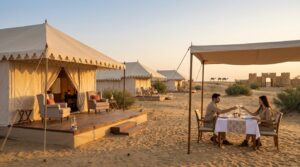 Luxury glamping tents in Rajasthan wilderness with royal furniture