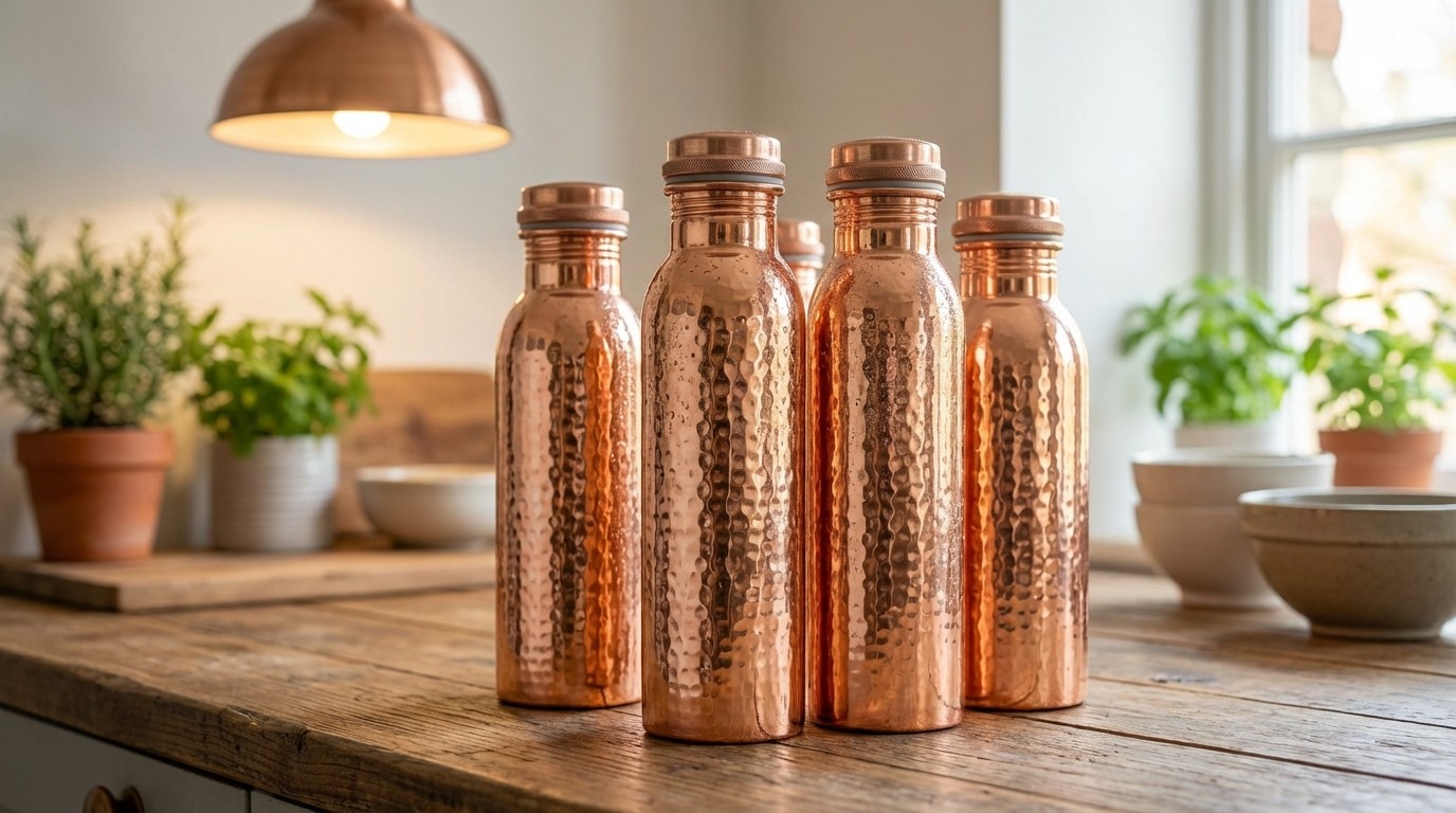 Pure copper water bottle on a wooden table with healthy lifestyle elements