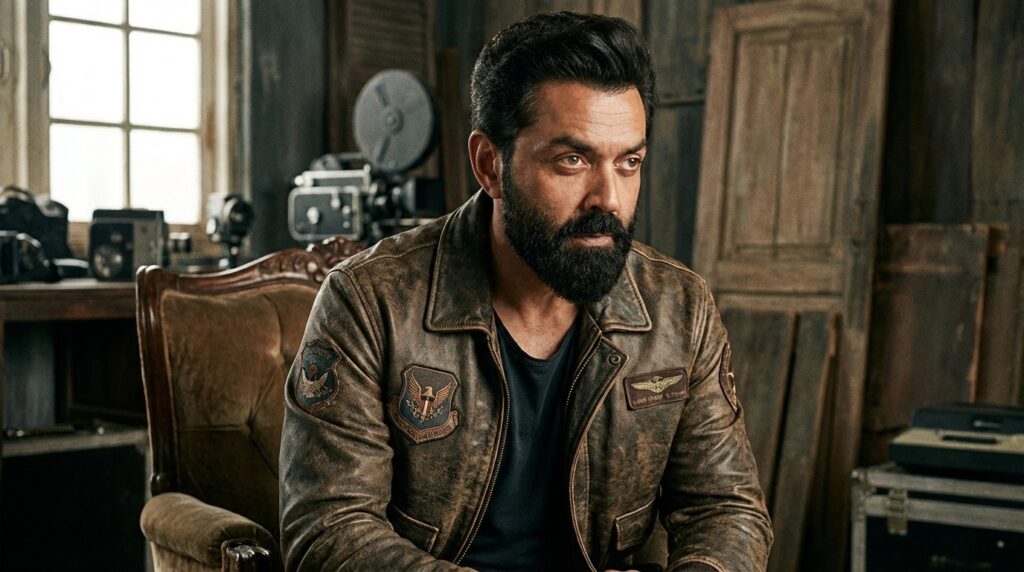 Bobby Deol in a stylish retro leather jacket looking iconic and confident.