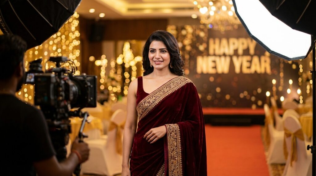 A woman wearing a trendy Red Velvet Saree for a New Year's Eve party