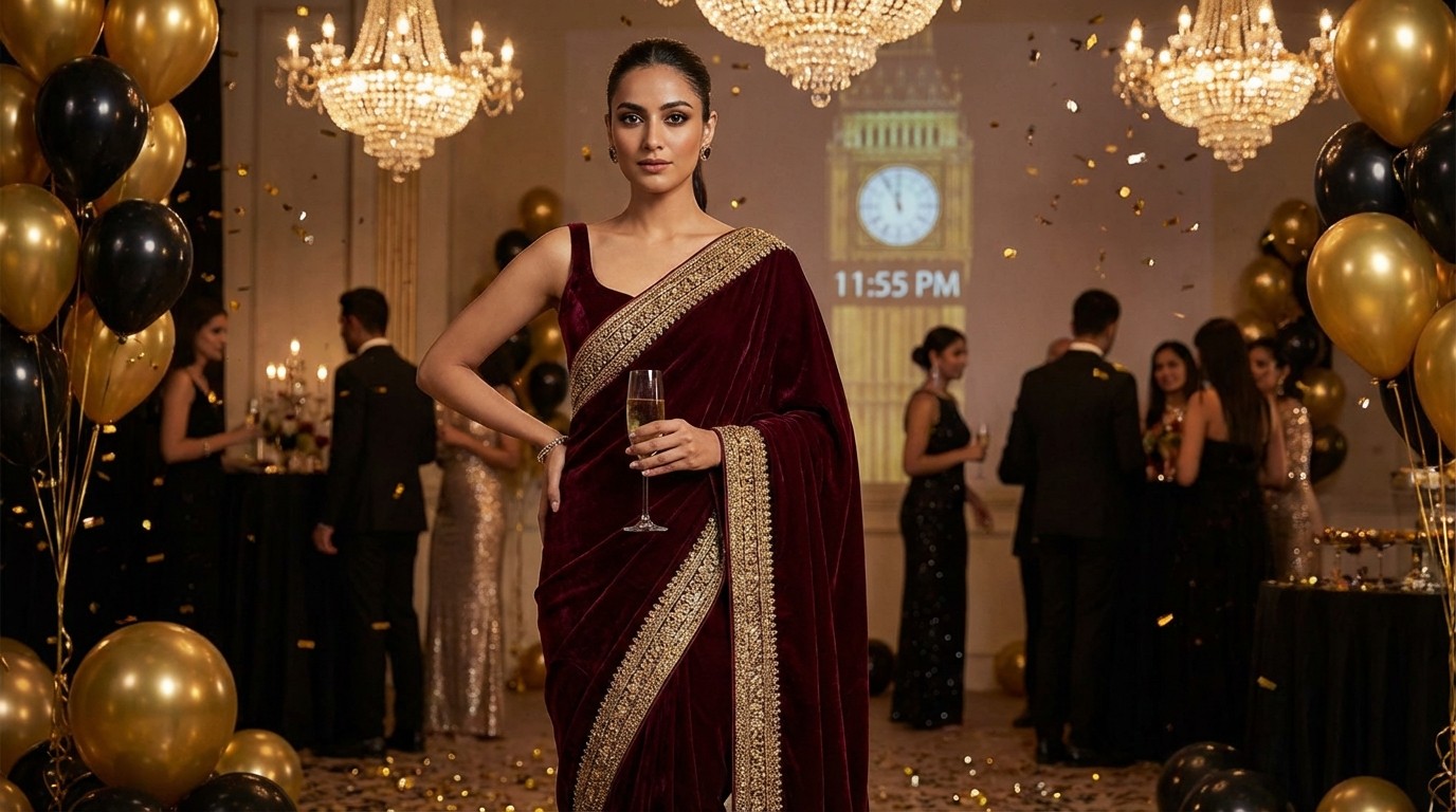 Latest Red Velvet Saree with Sequin Border