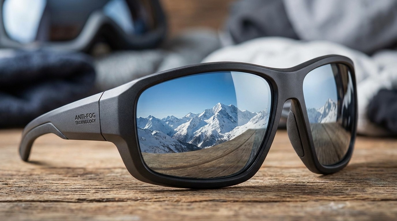 A professional trekker wearing anti-fog goggles on a snowy mountain peak in Himachal Pradesh.