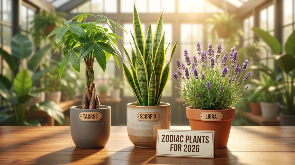 Zodiac plants 2026 arrangement showing indoor plants like Jade, Snake Plant and Peace Lily
