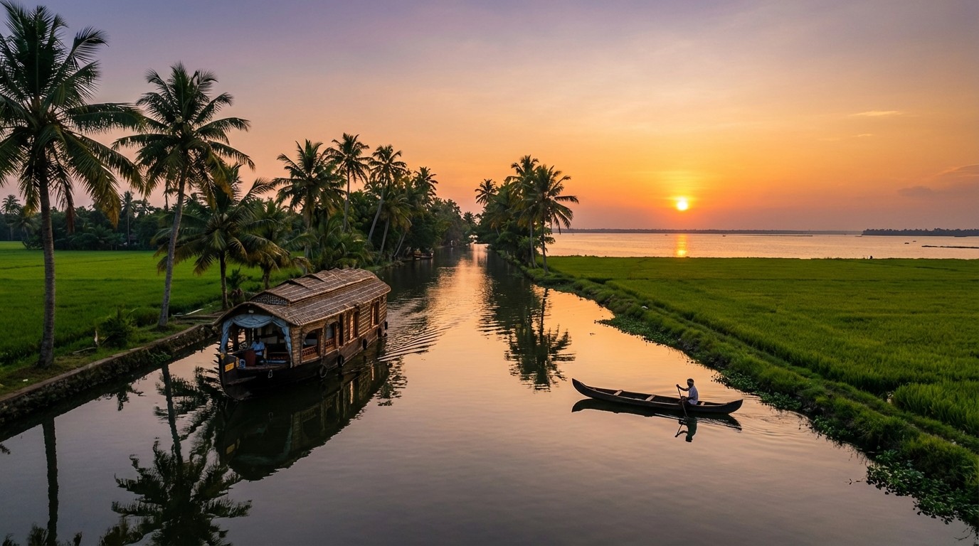A beautiful luxury houseboat cruising on the calm backwaters of Alleppey, Kerala.