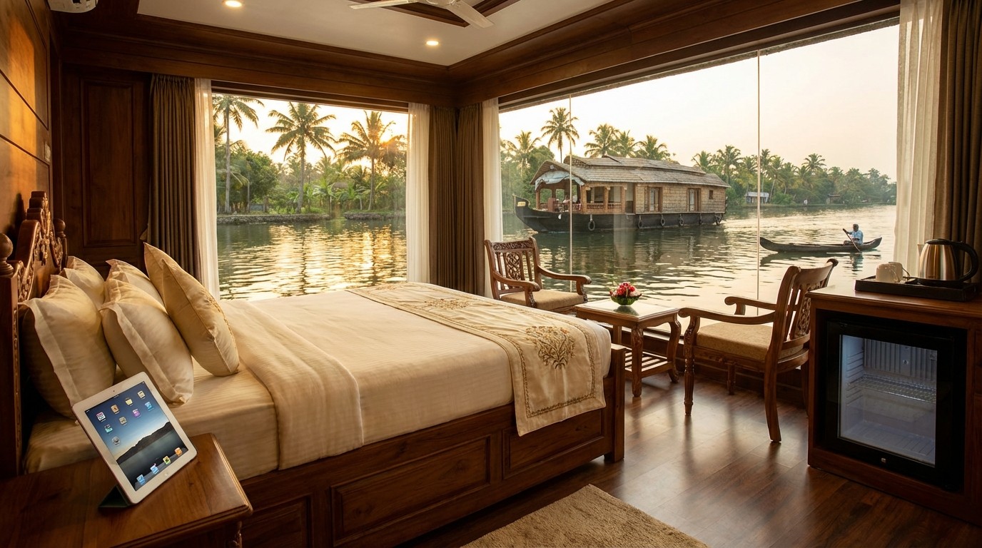 Inside a luxury houseboat Alleppey