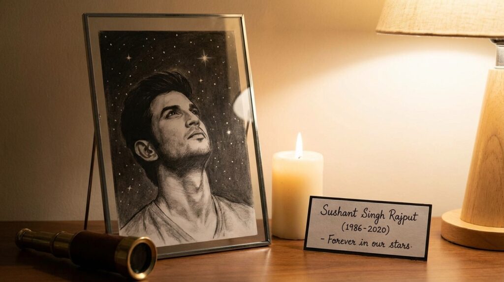 Sushant Singh Rajput smiling and looking at the stars, a digital tribute art.