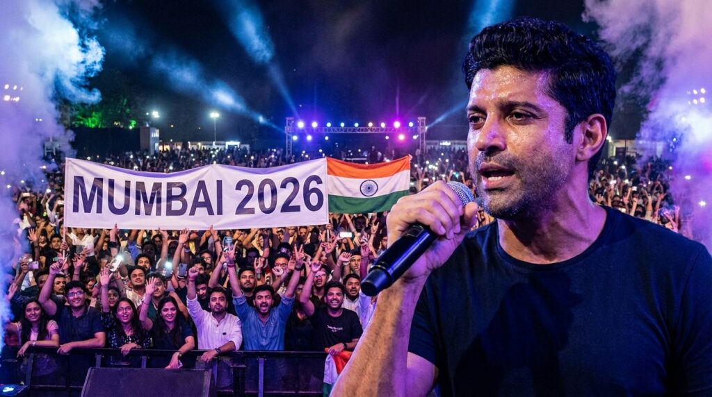 Farhan Akhtar performing live on stage with his band in a 2026 concert setting