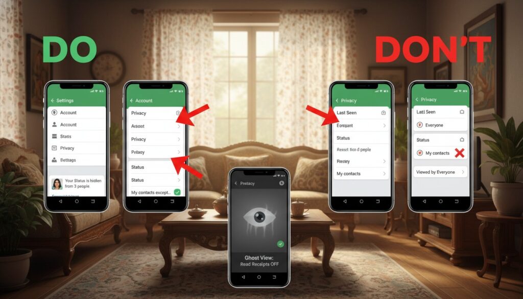 WhatsApp Status Privacy Hacks and Ghost Viewing concept illustration