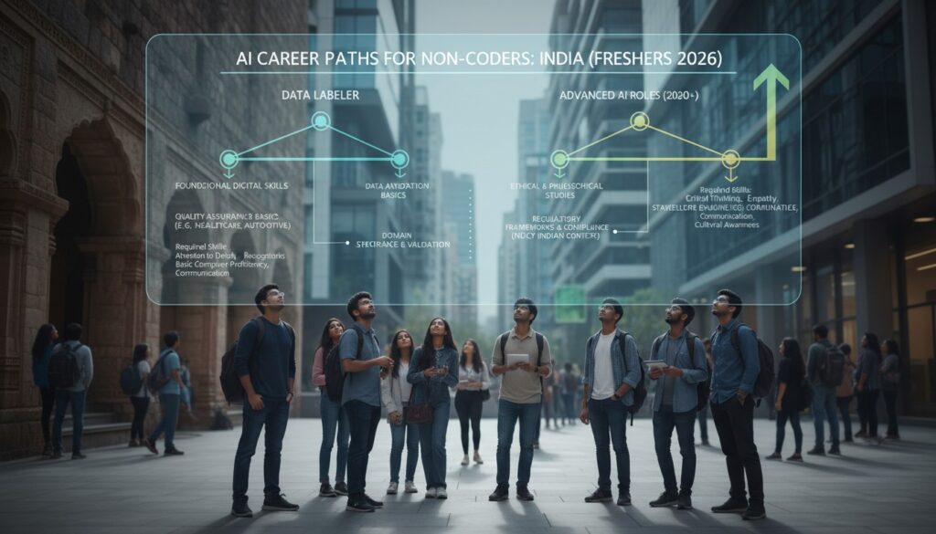 A professional working with AI tools in a modern Indian office setting, representing non-coding AI jobs.