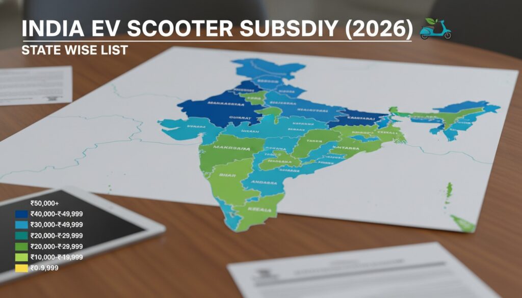 A sleek modern electric scooter being charged with a government subsidy chart in the background