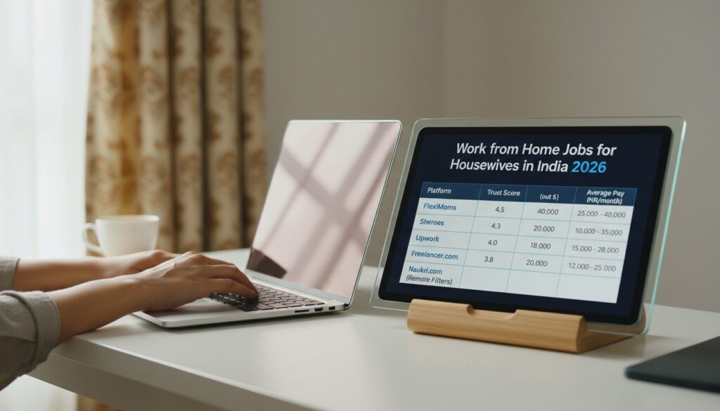 Indian housewife working professionally from home on a laptop in 2026