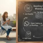 Woman using smartphone for WhatsApp reselling business with product catalogs in background