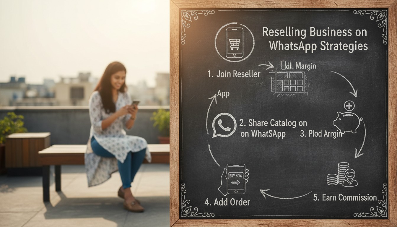 Woman using smartphone for WhatsApp reselling business with product catalogs in background