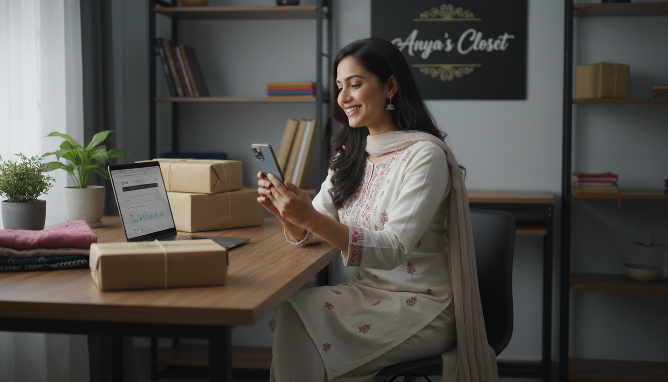 Woman managing WhatsApp reselling business