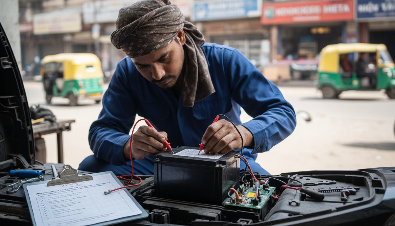 A technician inspecting a refurbished electric scooter battery and motor in a workshop.