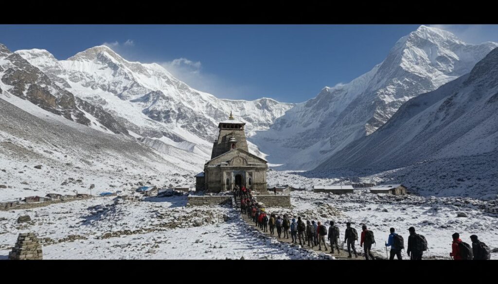 केदारनाथ मंदिर और हिमालय की चोटियाँ