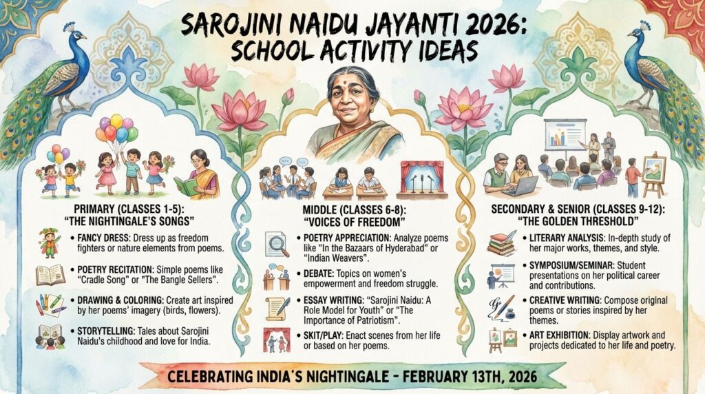 Students celebrating Sarojini Naidu Jayanti 2026 in an Indian school