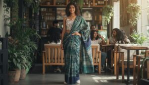 Gen Z woman wearing a sustainable linen saree in a modern pant-style drape with a belt.
