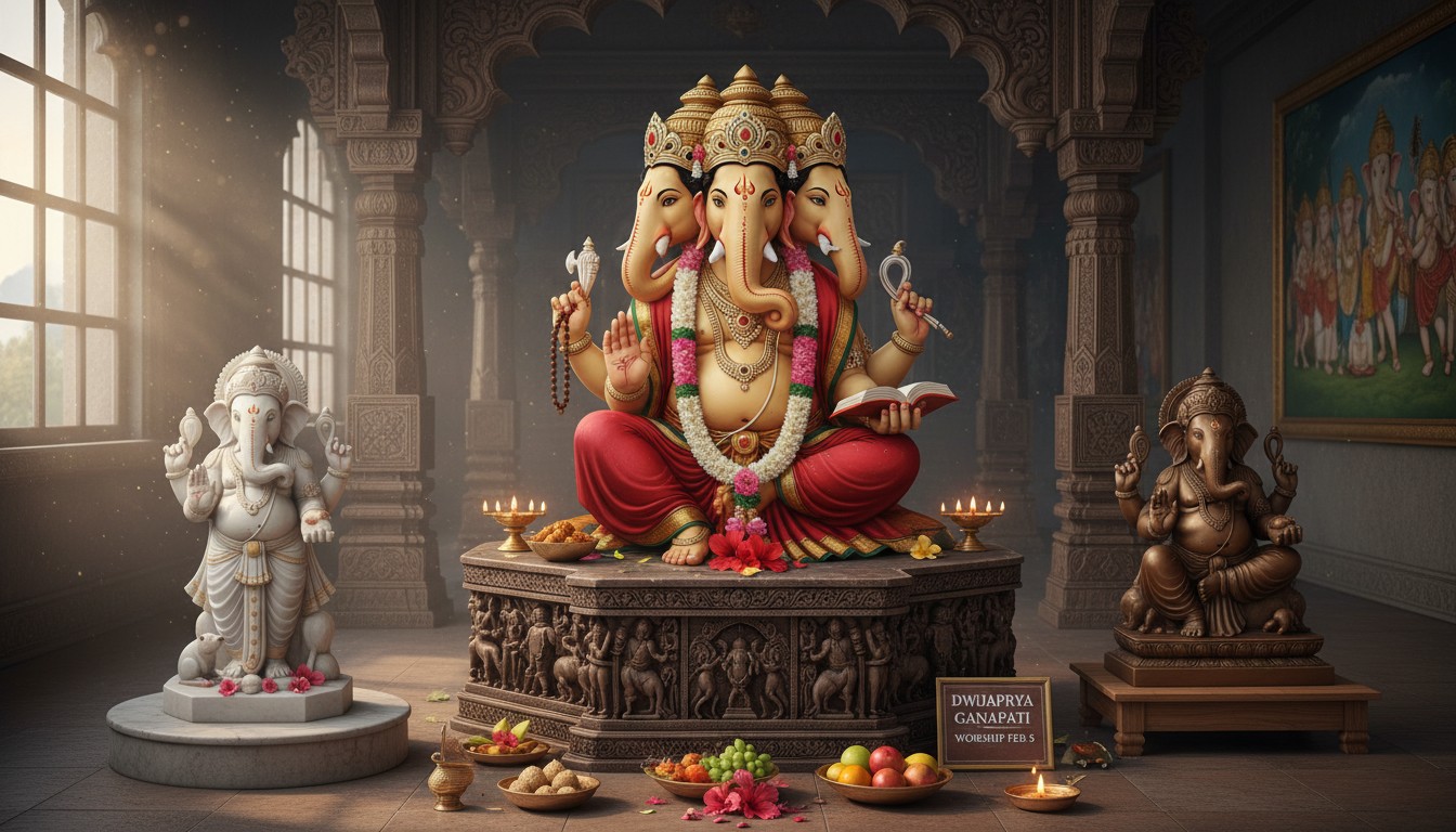 Dwijapriya Ganapati sitting on a throne for Sankashti Chaturthi 2026 worship
