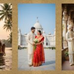 Couple in traditional South Indian attire posing against a carved temple pillar.