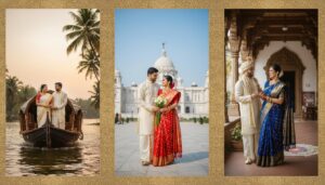 Couple in traditional South Indian attire posing against a carved temple pillar.