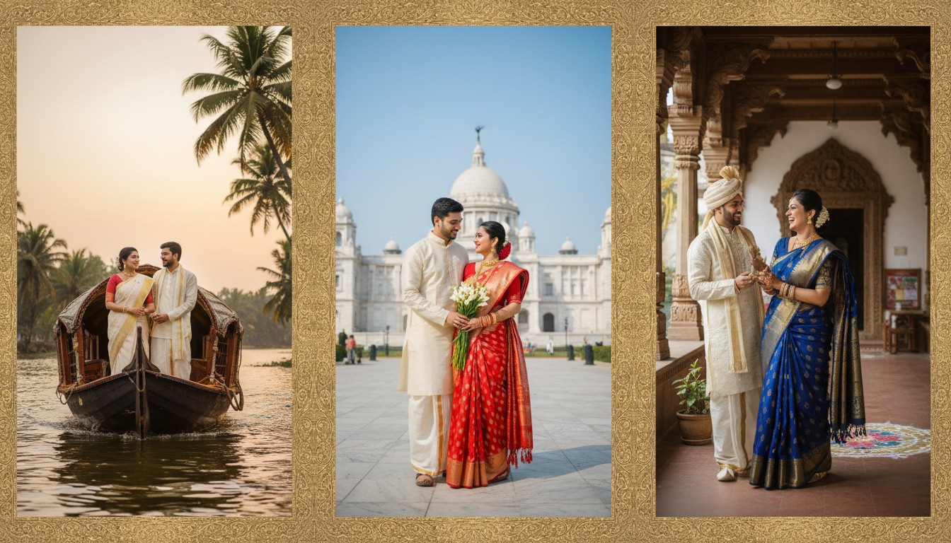Couple in traditional South Indian attire posing against a carved temple pillar.