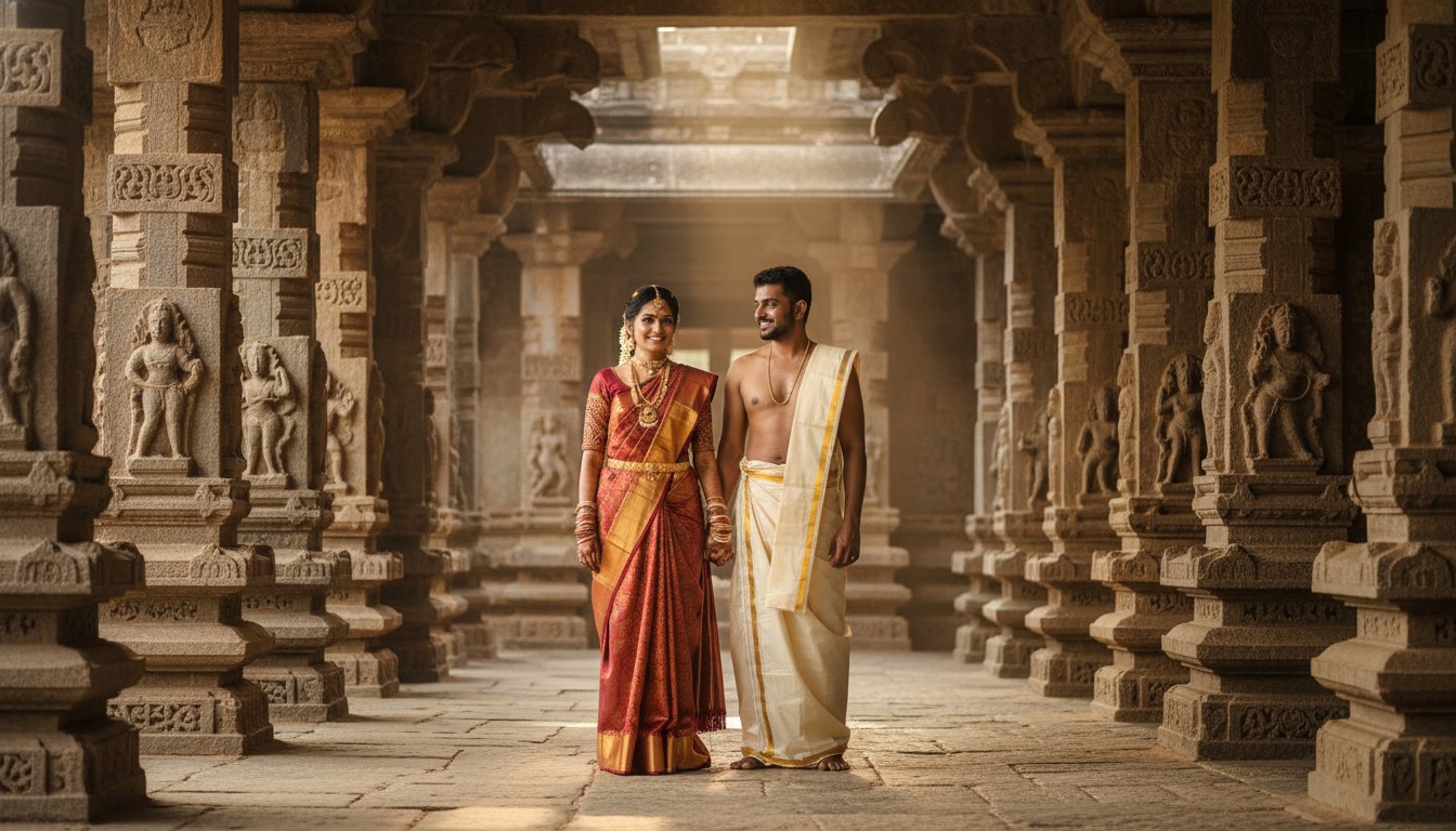South Indian Heritage Pre-Wedding Shoot in Temple Corridor