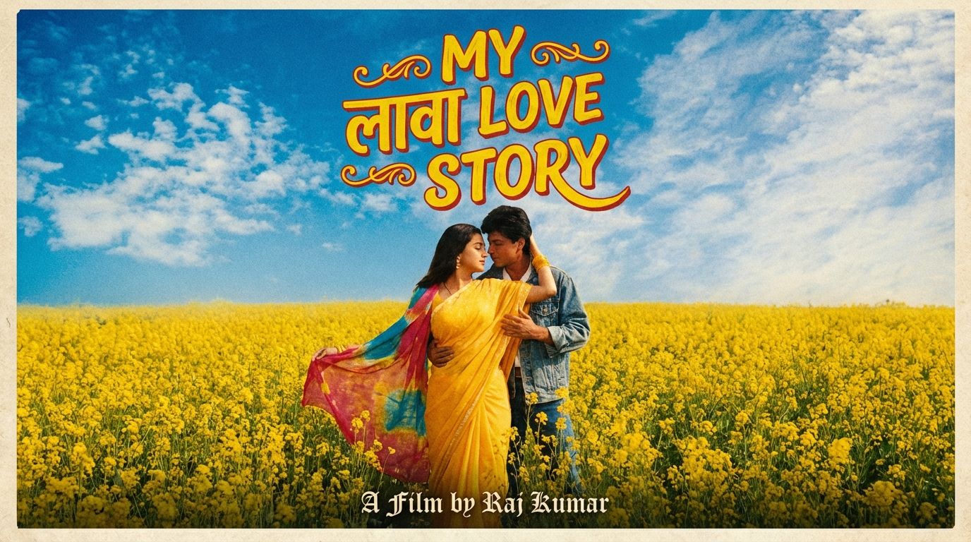 AI generated DDLJ style romantic Bollywood poster with mustard fields