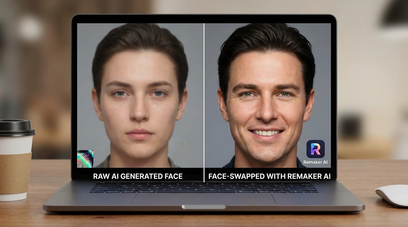 Before and after comparison of AI face swap on a movie poster