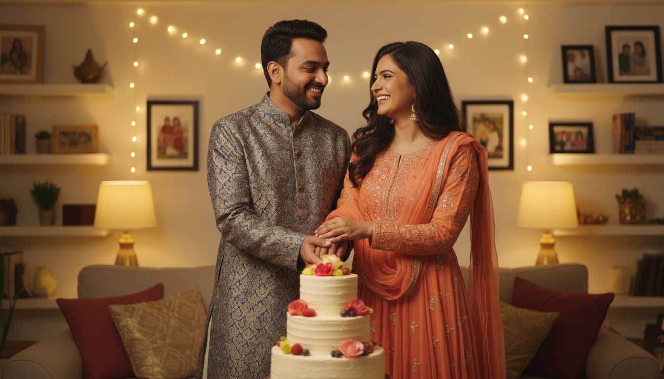 Bhaiya and Bhabhi cutting anniversary cake happily