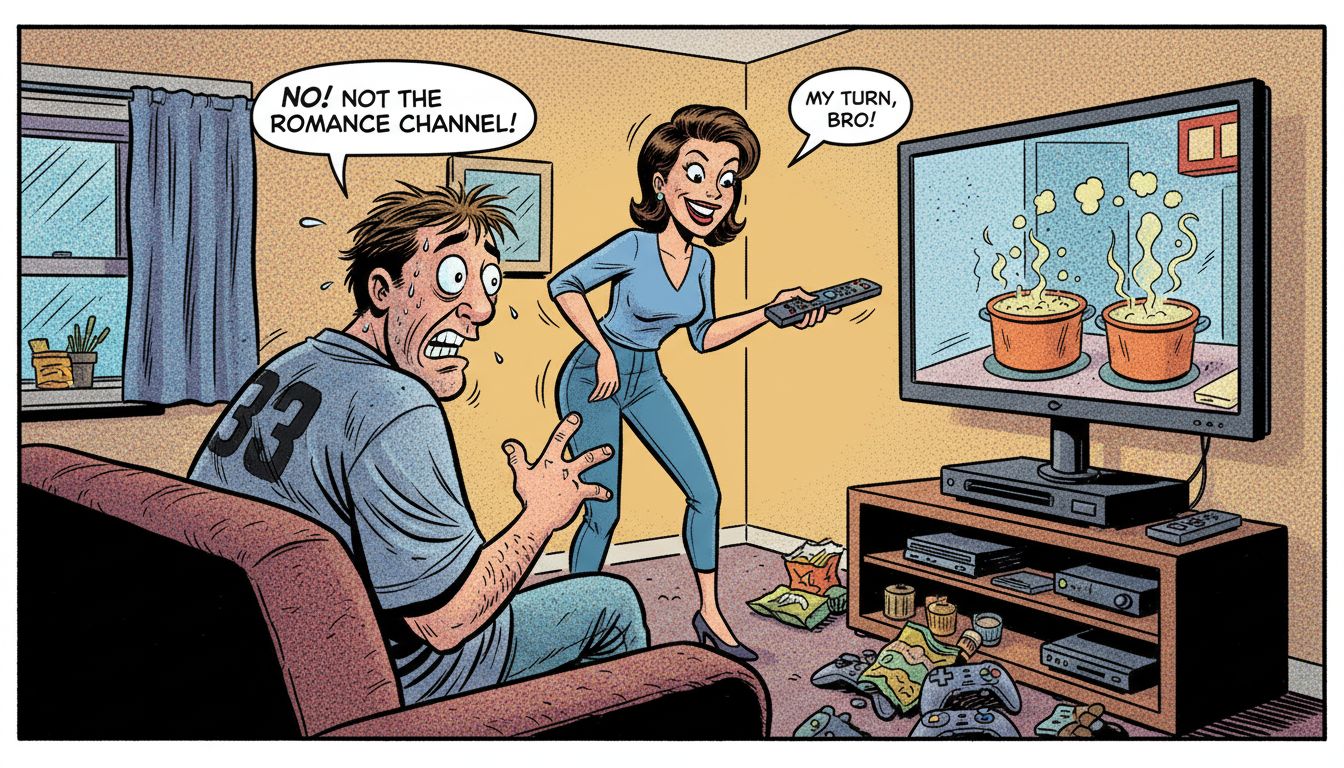 Funny cartoon of husband and wife fighting over TV remote