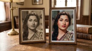 Vintage black and white portrait of Madhubala smiling