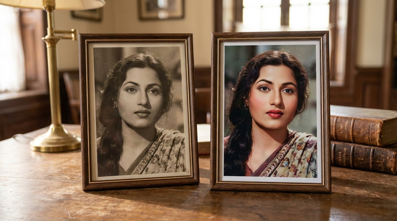 Vintage black and white portrait of Madhubala smiling