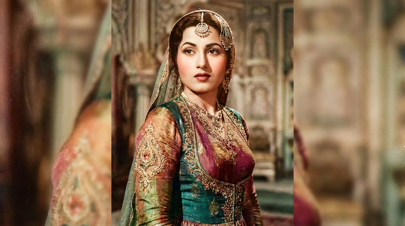 Colorized portrait of Madhubala as Anarkali